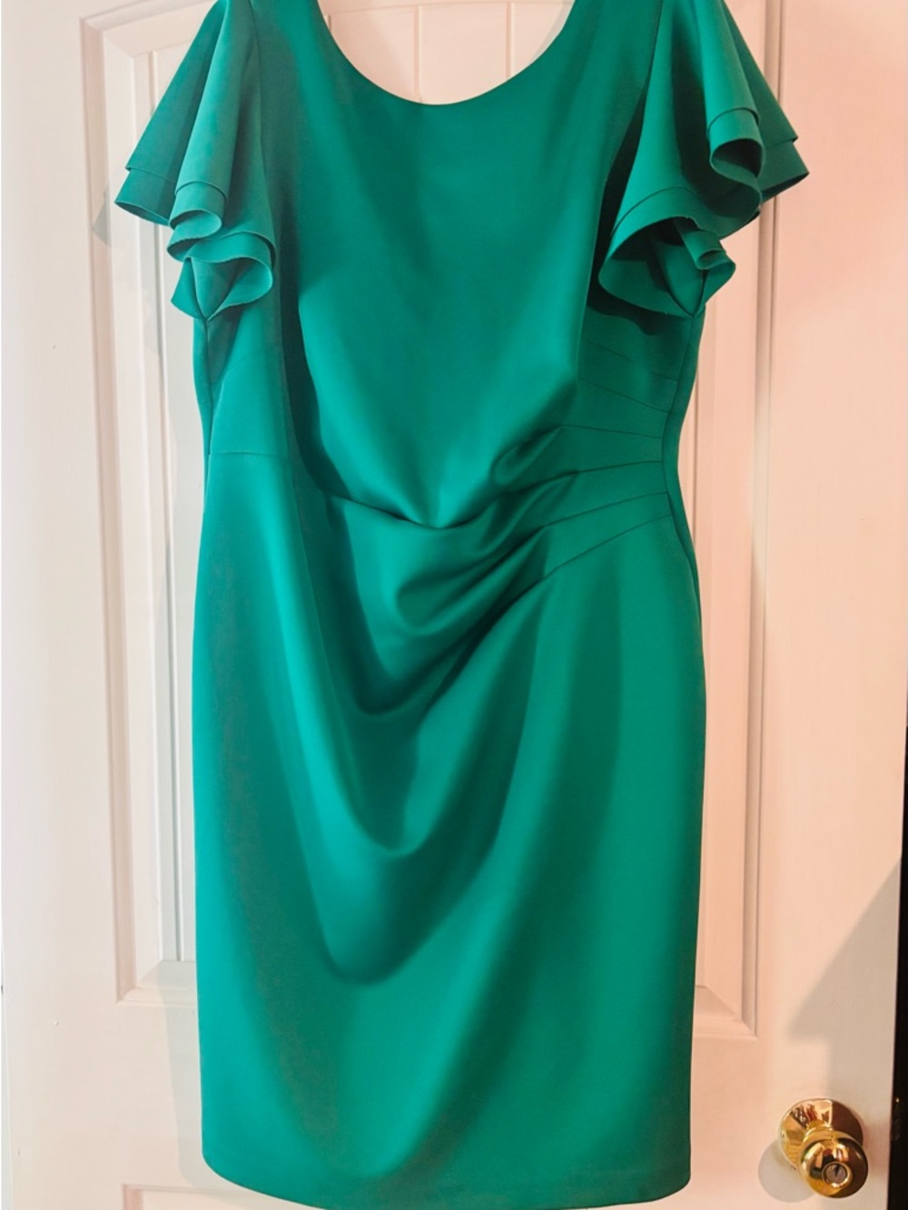 Elegant Teal Sheath Dress with Ruffled Sleeves